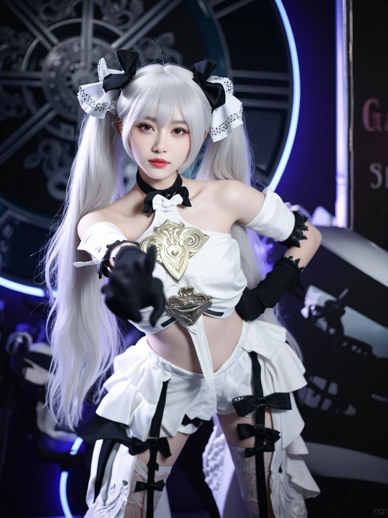 Capture your AI model in a dynamic pose, mid-dance move.  Her clothing could be flowing and reveal glimpses of her form, but avoid being overly revealing.  Focus on the energy and grace of the movement and the captivating expression on her face.,white hair, shiny hair, colored inner hair,Ice rose