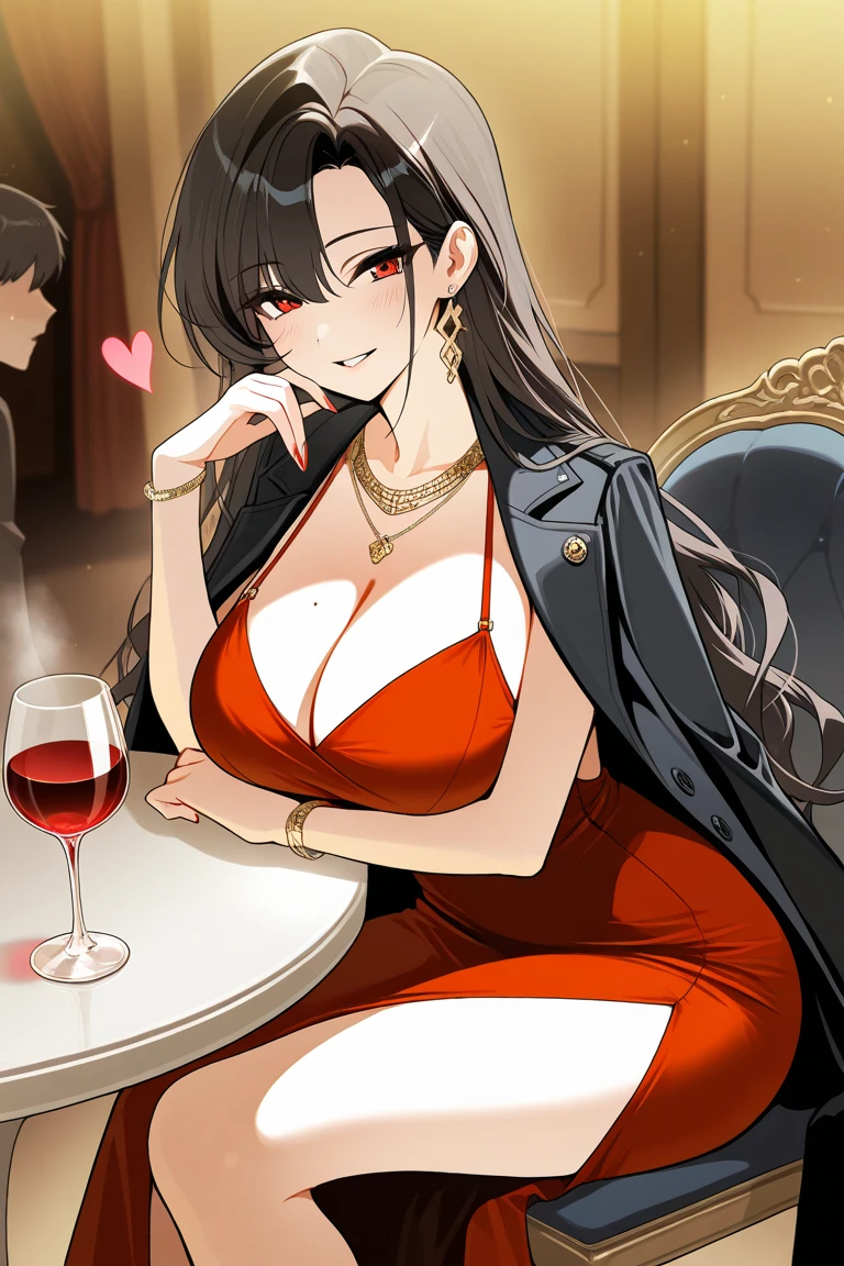 a woman, beautiful, black hair, long hair, bar, crossed legs, sitting, a bench, miniskirt, blouse, cleavage, bracelets, necklace, glass, wine, sexy,