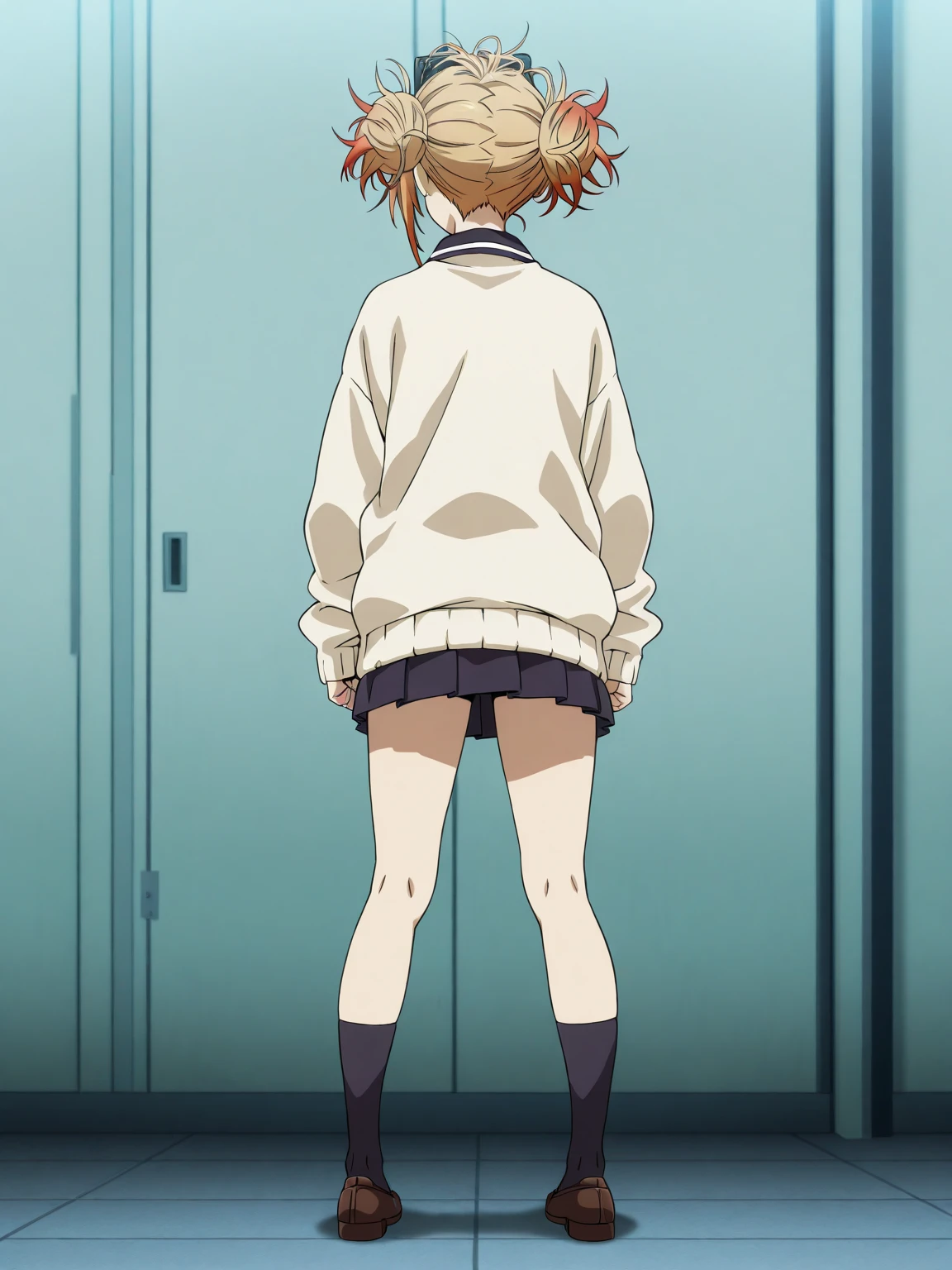 1 girl, hdr, ikuyo kita, red hair, one side up, long hair, green eyes, hoodie, pink hoodie, long sleeves, grey skirt, plaid skirt, bike shorts, black bike shorts, open mouth, solo, from behind, room, bedroom, bike shorts, ass focus, pink hoodie, grey plaid skirt, bike shorts, facing away, 