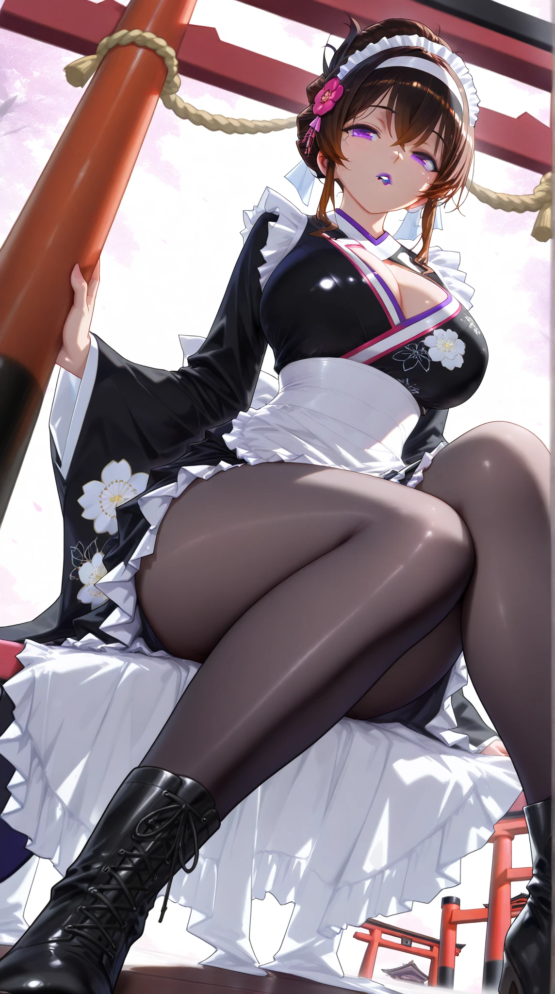 1girll, White hair, Purple eye, sportrait, photorealestic, Towels, (Onsen), side-lighting, the wallpaper, NSFW,black lence stockings，high-heels，moisty