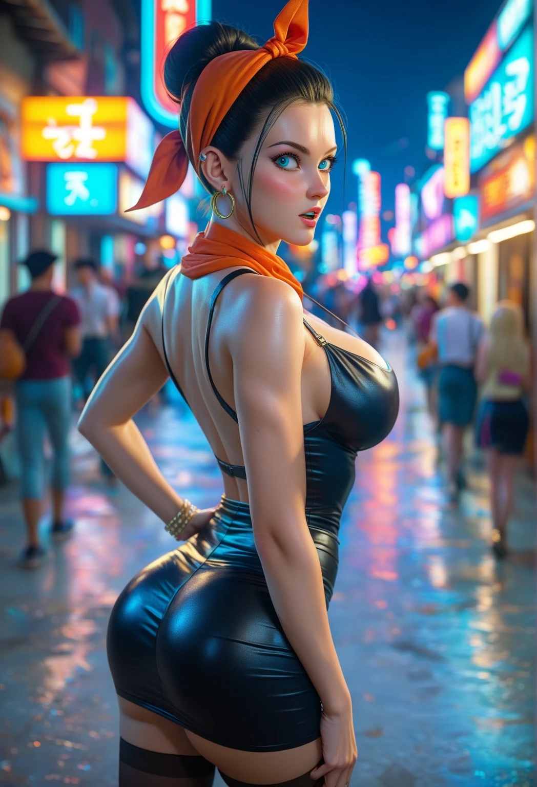 8k, masterpiece, RAW photo, best quality, photorealistic, extremely detailed CG unity 8k wallpaper, depth of field, cinematic light, lens flare, ray tracing (extremely beautiful face, beautiful lips, beautiful eyes), face with intricate details ((ultra detailed skin)) 1 girl, 15 years old, full body, big breasts, in the dark, deep shadow, cute Korean girl, kpop idol, (very slim, slender and muscular body), ((half wide legs )), (big smile), (fashion city night, (neon sign), (blurred background), midnight, (empty city), (no people in the background), cute Korean girl, diamond earrings whites, dia bracelets, dia necklace, glasses, light eyes, walking, front photo, (pale skin), face forward, (big eyes), ((upper body photo)), (baseball cap), ((shorts tiny lycra)), (camel toe, shape), ((sleeveless, strapless top)), (ponytail), ((smile)), ((Squats  pose)), ((big ass)), ((tight clothing)),