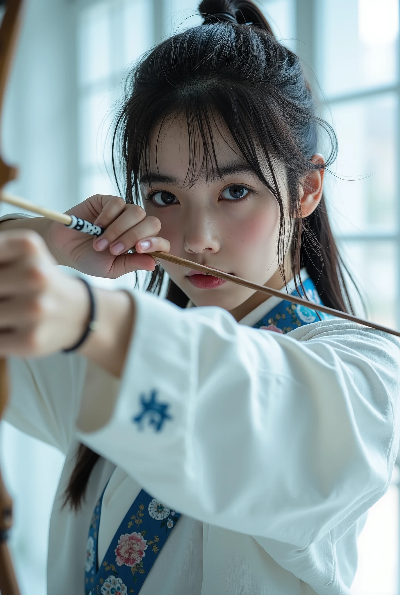 and bow、Japanese women、the moment I'm holding my breath and pulling my bow、I'm tying my hair with an elastic、cold々like、modern、
