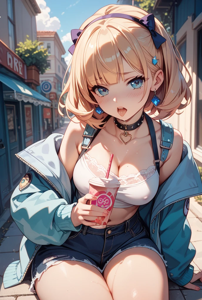 top-quality、Top image quality、masterpiece、girl with((Black jacket、Blue tank top、White trousers、sixteen years old、teen ager、cute little、Best Bust、big bast,Beautiful light blue eyes、Breasts wide open, a blond、A slender,Large valleys、belligerent movements,military backpack、dye one's cheeks red、shivering、sapphire earrings、Hats、holding lantern、close range、White breath、bare-legged、Laugh、Making a heart mark by hand、soaking in the foot bath)),hiquality、Beautiful Art、Background with((Ice Burn City at night、snowflakes falling、Heavy snow falls、snowman、ice tower、footbath)))、masutepiece、depth of fields,8K
