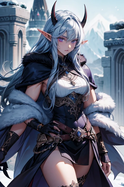 anatomically correct, best quality, masterpiece, high quality, high details, highres, HD, (shaded face:1.2), hollow eyes, red eyes, looking at viewer, smirk, upper teeth, pointy ears silver hair, hime_cut, long hair, huge breasts, sagging breasts, sweating, "Photorealistic, Hyperrealistic, Hyperdetailed, analog style, soft lighting, subsurface scattering, realistic, heavy shadow, masterpiece, best quality, ultra realistic, 8k, golden ratio, Intricate, High Detail, film photography, soft focus, fantasy art, breasts, 1girl, long_hair, cleavage, blue_eyes, large_breasts, solo, looking_at_viewer, very_long_hair, snow, dress, standing, outdoors, weapon, black_hair, cleavage_cutout, detailed fingers,
