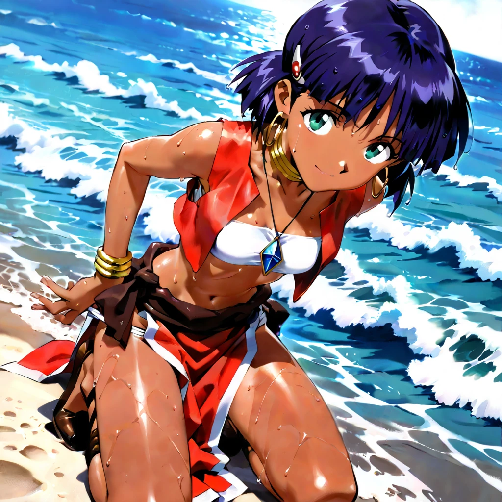 trained abdominal ,Trained deltoids, Brown skin, Dark Skin,Shortcuts,Black Hair,Exposed Abs,Shoulders are exposed,Tribal costume,Red face paint on the cheek,Realistic Armpits,One arm raised above head,Anime Art, The whole body fits into the angle of view, Sweat, Contrasting blue sky,,smile,The body is slim,woman,Childish impression,Tempered thighs,Oblique Muscle,muscle shadow,boyish,High leg,Pose showing armpits,Low - Angle,Mischievous impression,Thigh muscles