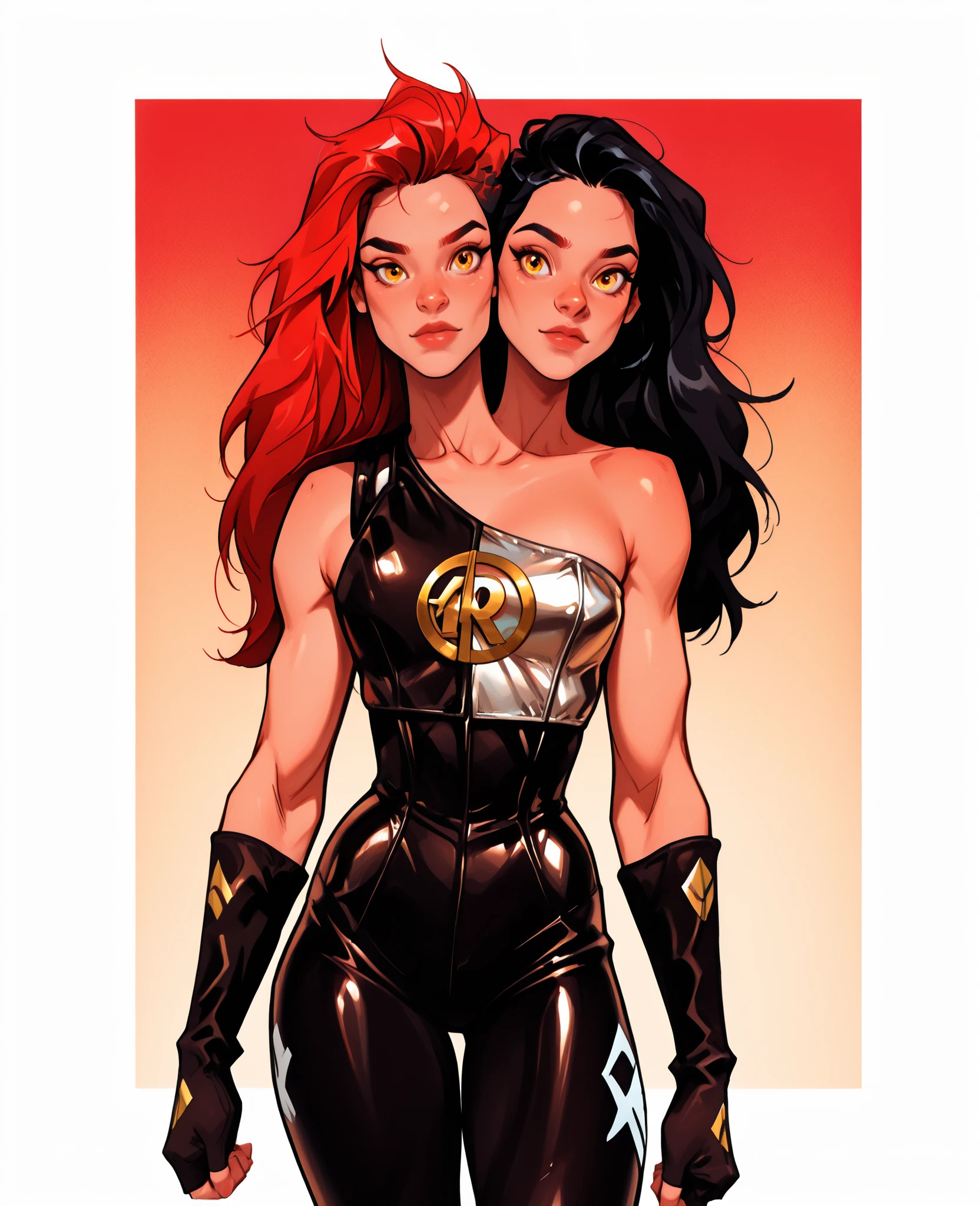 best resolution,anime woman with two heads, gold eyes, different hair colors, red hair, black hair, different hairstyles, different hair-lengths, short hair, long hair, pixie hair, straight hair, hair down, k pop dress, tomboy, nerd, slim build, one shoulder bare, tight leggings, gloves, high leather bootschokers,four arms