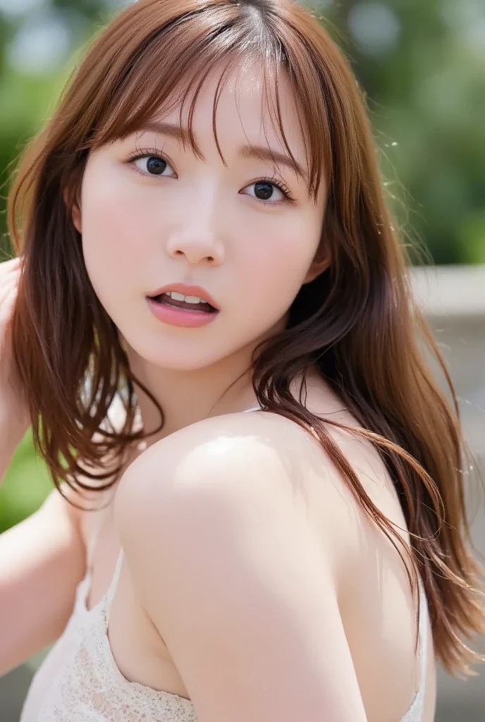 (masterpiece, best quality:1.4), (8K), Young Asian brunette beauty girl, (((12 years old, neat girl))), detailed blue eyes, long eyelashes, blush, kind smile, upper body, covered large breasts, (pink swimsuit), denim short shorts, (from side), (looking at viewer), beautiful blonde hair, white-skinned, long hair, parted bangs, (huge breasts), (valley, beautiful and magnificent skyline, majestic sky), colorful natural light)