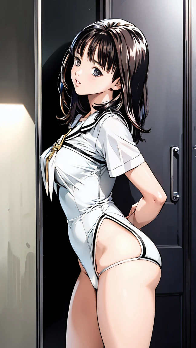 (((One beautiful woman:2.0))),(((NSFW:1.5))),((Nude:2.0))),(((Wearing a gun belt and holster on his waist:1.8))),((Wear a watch on your wrist:1.2))),(((Black Hair))),(((Exposed thin inner thighs))),(((Small breasts:1.5))),(((Bare arms))),((Blushed:1.5)), Beautiful detailed girl, Very detailed目と顔, 緻密でBeautiful Eyes, Very detailed, High resolution, Highest quality, masterpiece, Very detailed, 8k wallpaper, wonderful, finely, Highest quality,(Standing in front of a wooden wall),Beautiful Eyes,((Engage your audience:1.8)),(((Low - Angle:1.7))),((Put your hands on your chest:1.9)),((((Shot from under your feet:2.0)))),(((Crying face:1.0))),(((Are standing:1.2))),(((breathe、inhale:1.5)))