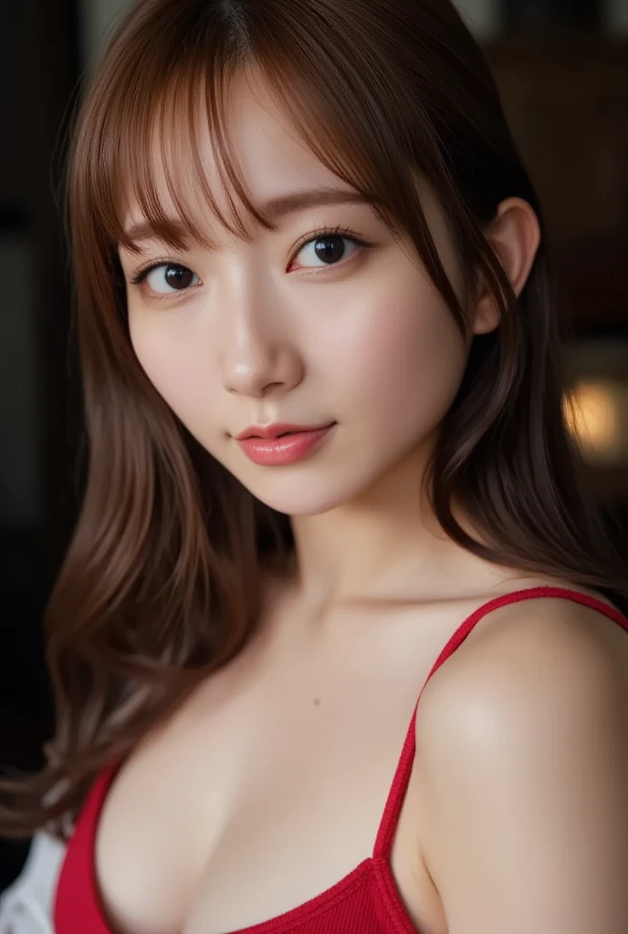 1girl, Japanese, Wearing a bright red leather SM corset, beautiful, cute, Japanese idol face, droopy eyes, thin eyebrow, Japanese idol hairstyle, shiny flaxen hair, high detail, Background blur, (huge breasts,) short-cut, masterpiece, ultra detailed photorealistic, high resolution, Detailed RAW color photo, extremely delicate and beautiful, high detailed, 8k wallpaper, extremely detailed eye, high detailed skin, highly detailed hair, highly detail lips, perfect anatomy,
