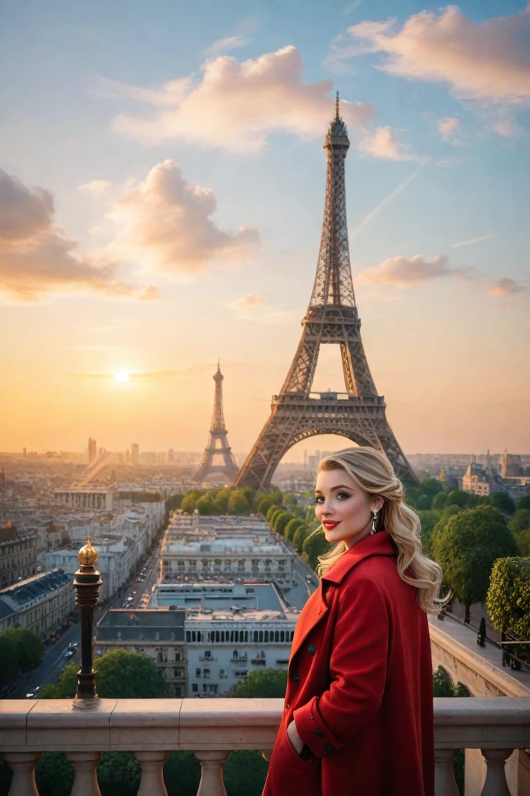 influenceur Instagram féminin norvégienne blonde avec des yeux bleus réaliste. Meilleure qualité 1 fille dans différentes tenue sexy et élegante. Prise en photo de face avec des monuments connus flou derrière elle
