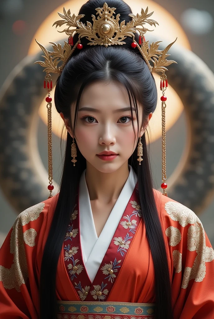 high quality photos, Guanyin Bosatsu costume, Japanese woman wearing Tang Dynasty costume, god々scary background, and look at the camera, full body image