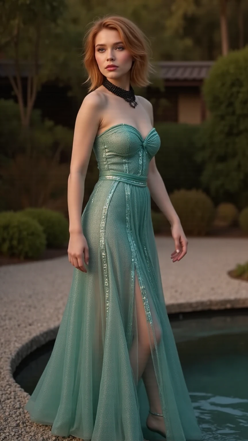 a woman in a dress is posing in a garden, a photorealistic painting by Raymond Han, trending on cgsociety, fantasy art, ethereal beauty, fantasy gorgeous lighting, beautiful elven princess, beautiful goddess, blonde elvish empress, ((a beautiful fantasy empress)), beautiful feminine body, beautiful fantasy maiden, beautiful maiden, very beautiful elven top model