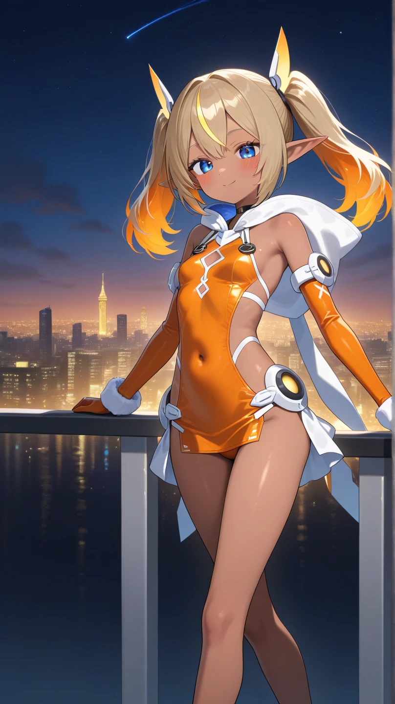 Photo of beautiful jpn-gyaru, masterpiece, 1 girl,
(:1.5), Cyborg girl with blonde bob hair and blue eyes and dark skin, (blonde bob hair: 1.2), big breasts,seductive smile, (mechanical bunny ears headband: 1.2), headphones,(white highleg leotard, camel-toe:1.2), enamel sleeve, (crescent moon sunset:1.3), bayside, shore, cowboy shot,