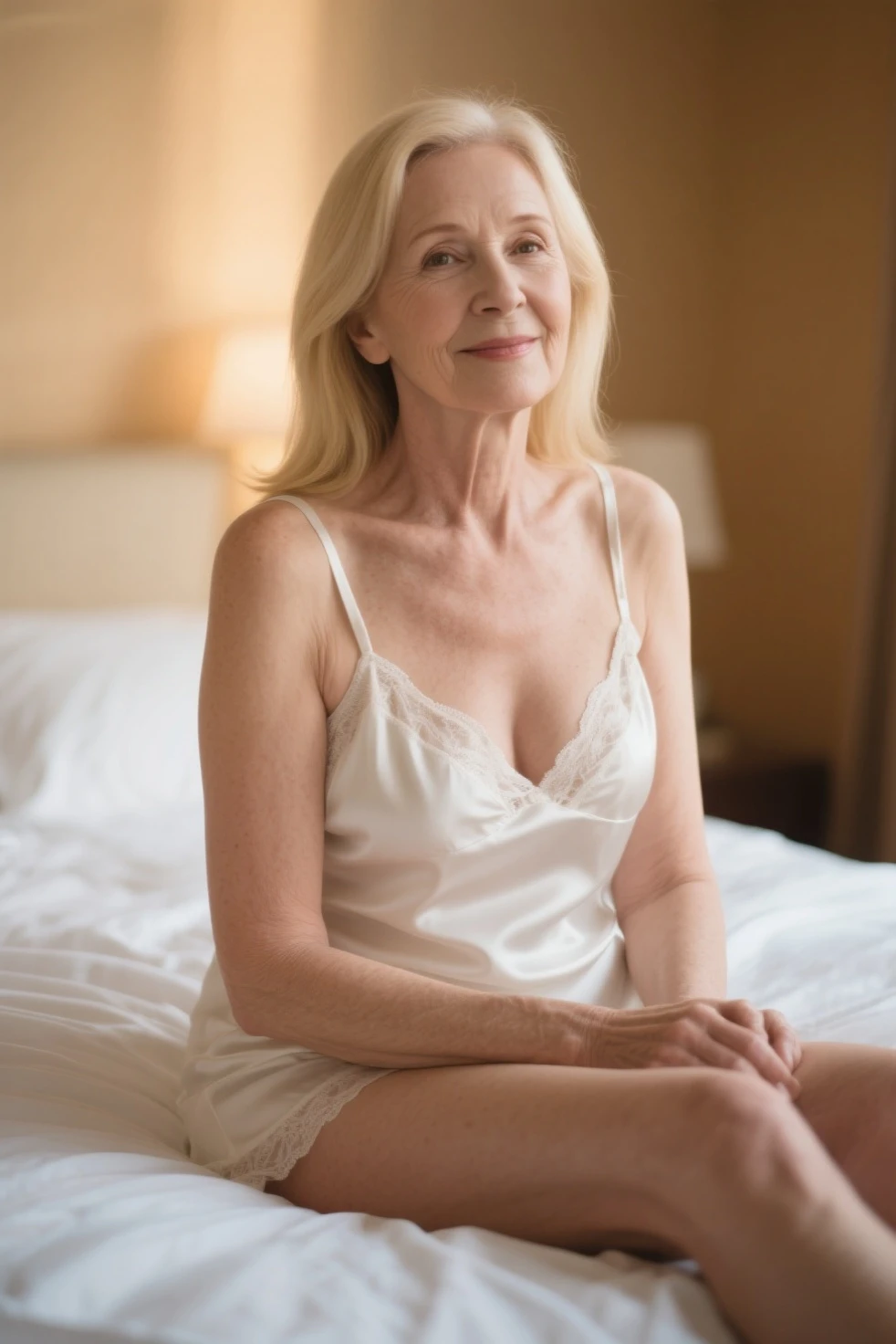 A realistic, photorealistic image of Felicidad, a 60-year-old Finnish woman with a Scandinavian background, (((white blonde and medium length hair))), smiling and enjoying, posing inside the mansion over the hilltop, upper body and upper legs, (((round face))), (((thin hairline))), ((breast bones))