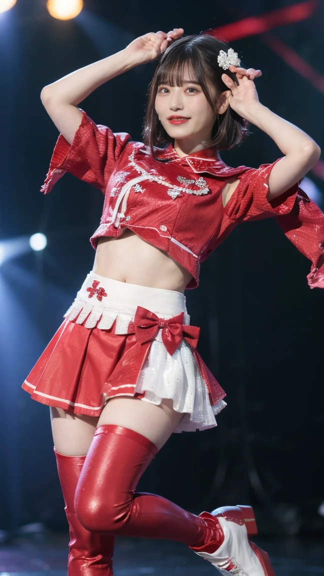 (8k、RAW Photos、highest quality、masterpiece:1.2)、(Realistic、Realistic)、1 girl、((Frilled mini skirt、Arm Covers、Cape、Large Breasts、Black and Red、Costume of the heroine、See-through、belly button、boots、Sleeveless、stage、smile、Spotlight、View from the front、Standing with hands on hips))、