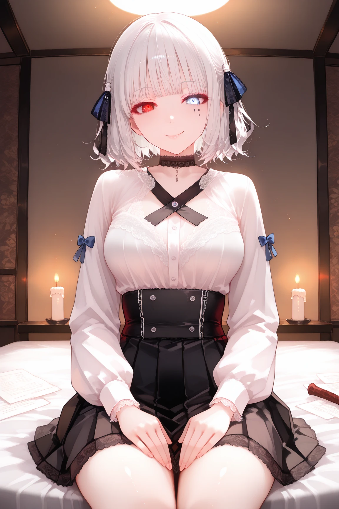 White Hair Girl、Pink Eyes、Short Hair、Only one girl、Night、In the bedroom、Blushing、laughing、Excited、Just One、Sitting on the bed、Wearing only underwear、Sweating