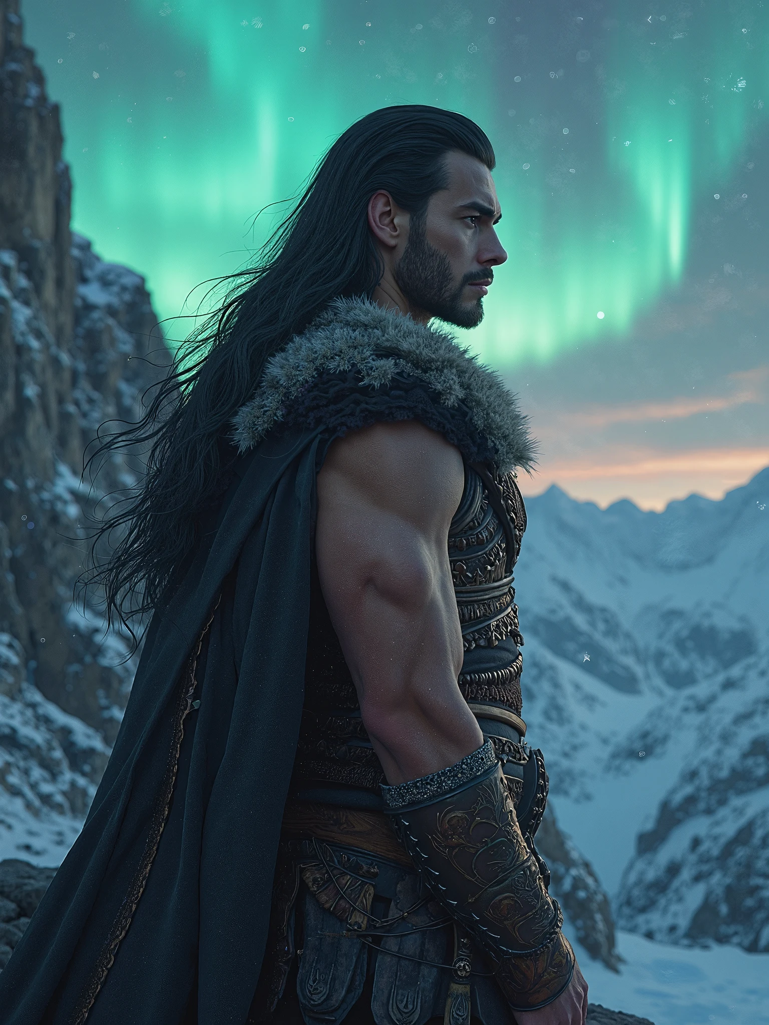 (highres, high quality:1.1), cinematic lighting, extremely detailed, 1man, mature man, solo focus, barbarian,
 
Serious, 

Holding a battle axe, 

Black hair, long hair, green eyes, no facial hair, shirtless, scar on face, wearing a wolf skin, wolf skin cape,

Snowy hills, mountains, in the snowy wilderness, snowing, wind blowing,
