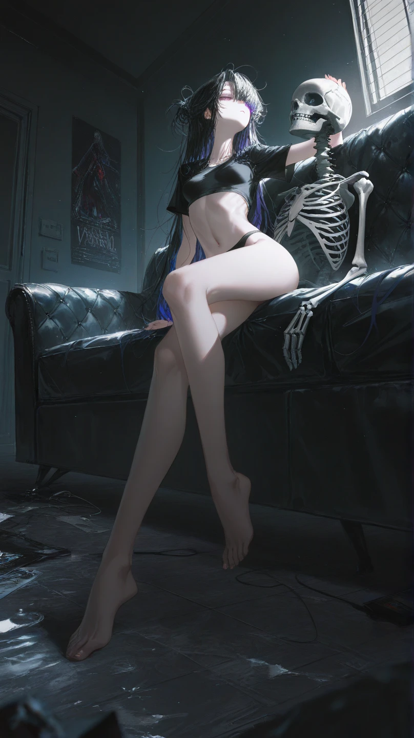 Masterpiece, best quality, high resolution, 1 woman, black skin , black hair , Close your eyes.. , tits , pussy , abdomen , big breasts, Long legs , Barefoot , stretch , sit , open your legs. , stairs , tunnel , drain pipe