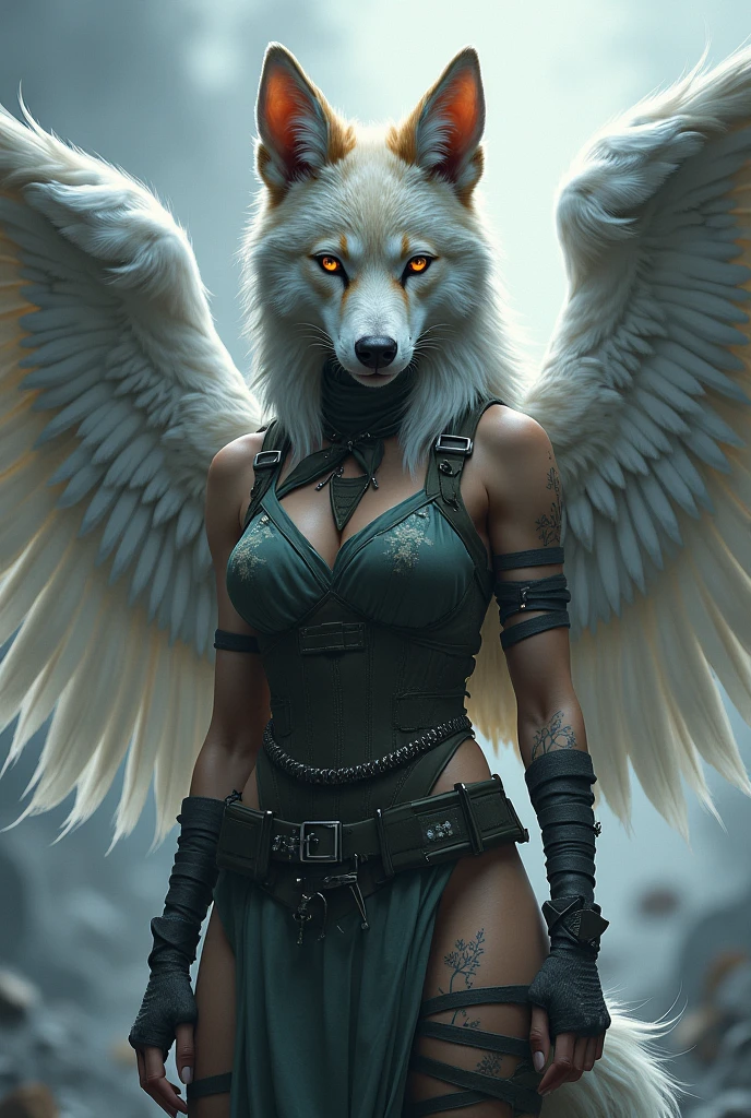 Loona from Helluva Boss, female wolf, anthro, mature adult, white hair, grey eyes, torturer vengeful wrathful angel, blood tears, blood face, fallen angel wings, bloody halo, standing, cold stare, glowing eyes, standing above a blood ocean, dark, omnious, beautiful, solo, 4K