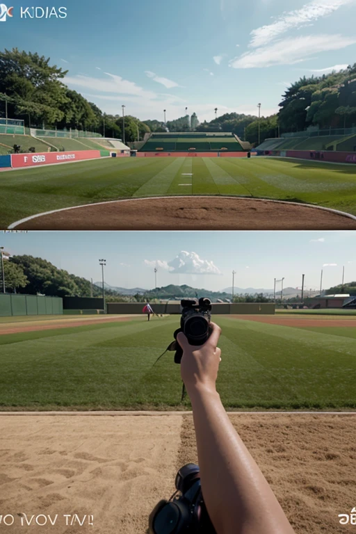 Generate a humorous image of a cricket pitch with a broken phone mounted on a tripod in place of the bowler. The entire cricket pitch should be visible, including all 11 players on the field. The scene should feature the wicketkeeper behind the stumps, a batsman ready to face the delivery, and the bowler’s position occupied by the tripod and broken phone. Ensure the overall scene is playful and exaggerated, capturing the funny and comical atmosphere of the cricket match."