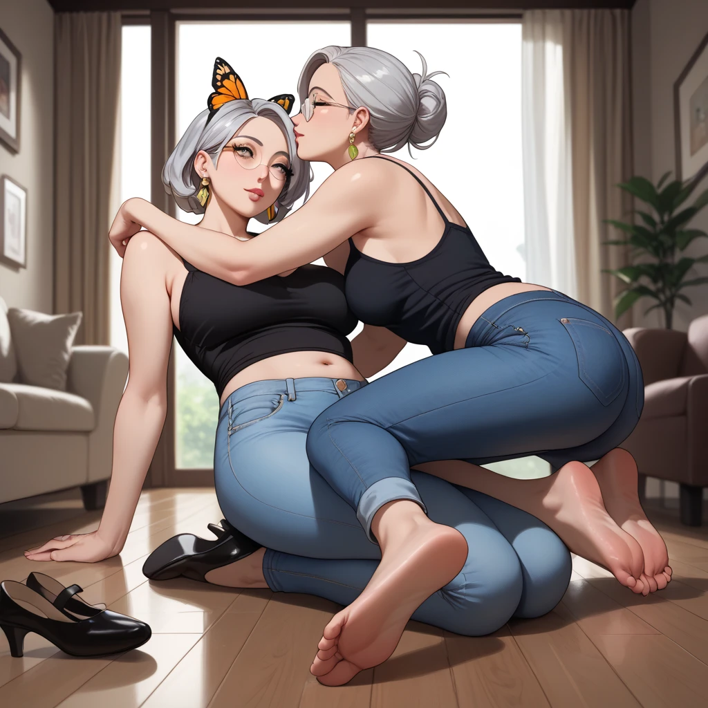 Light skinned African American women, fluffy big curly afto, glasses, cute face card, big mommy milker tits, Juicy big ass, wearing white colored t-shirt, Tan colored cargo pants, transparent colored high heels, in scary cave 