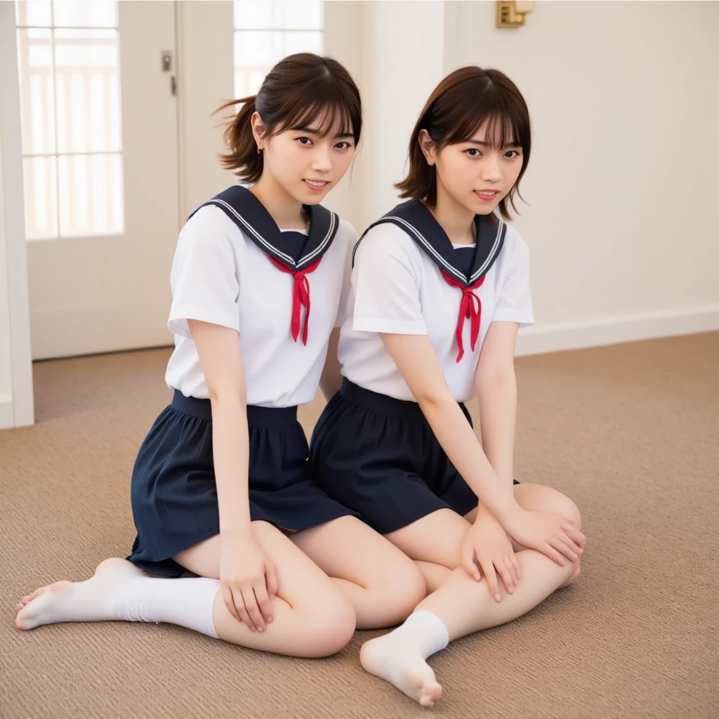 (realistic, 写真のようにrealistic:1.2), ((highest quality)), return center of gravity, pretty embarrassing, white panties, (show panties:1.4),Tight Skirt, (Upskirt:1.ull-Upskirt:1.3), (squat:1.4), put the heel on the ground, legs spread slightly, 膝を上げてsquat, please put your butt on the ground, black penny loafers, beautiful face details, real human skin, gentle expression, Front view, from belowのアングル, realistic, realistic, cute, short skirt, 校庭で深くsquat, cute女子高生, 13 years, japanese uniform, sailor suit, whole body,embarrassed face, natural smile, charming smile, enchanting smile, (looking at the viewer:1.2), from the front, from below,
