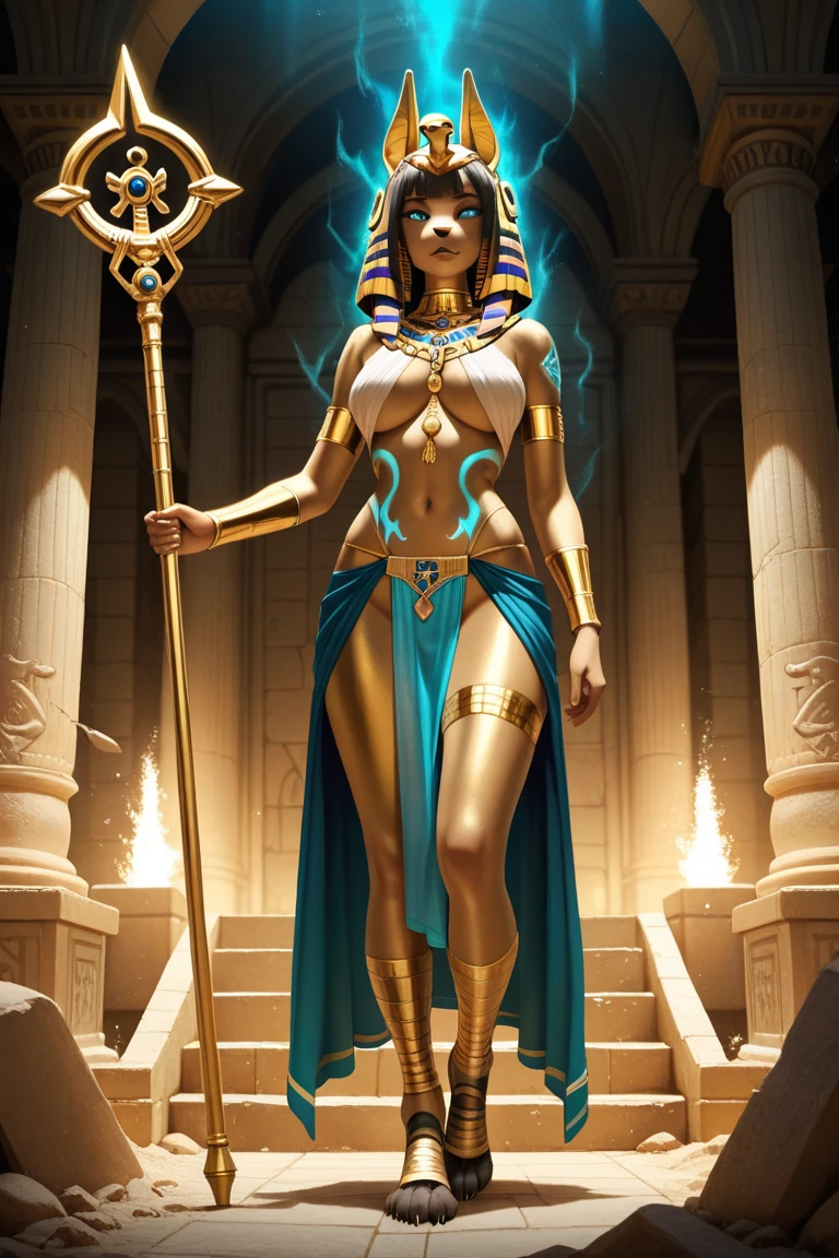 A full body of the beautiful blonde goddess Isis, with long hair, she floats about five meters above the surface and looks down on her subjects, her headdress and jewelry glimmering in the moonlight, dressed only in small short Egyptian traditional clothes, stands, looking at the camera, atop a futuristic pyramid looking down at her many worshipers who stand on the streets among the Egyptian futuristic buildings watching her.