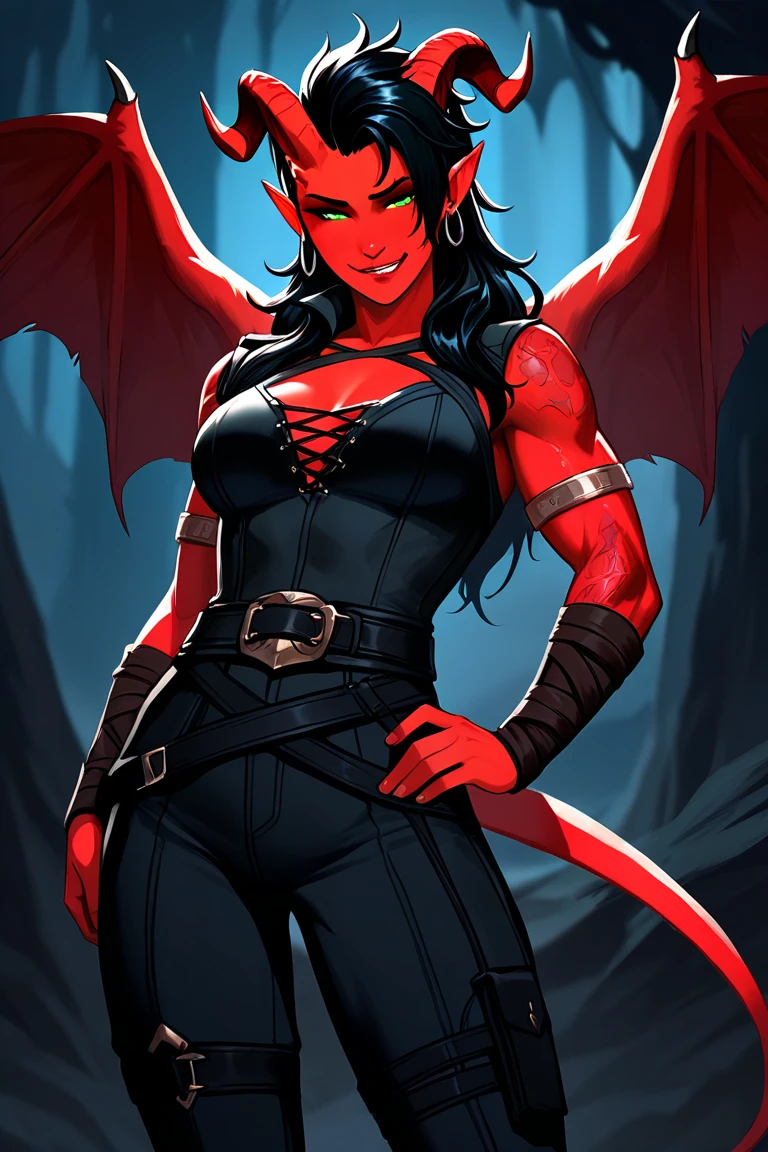 (masterpiece, top quality, best quality, official art, beautiful and aesthetic:1.2), (1girl:1.3), (black hair in big (ponytail)), extremely detailed, portrait, looking at viewer, solo, (full body:0.6), detailed background, close up, (hot medieval church theme:1.1), Tiefling, female, horns, tail, wings, long hair, tail, black hair, dragon girl, dragon horns, blood, scales, dragon wings, (((red skin), colored skin)), extremely Tiefling, charlatan, wicked grin, sultry smirk, forked tongue, mysterious, seducing in a cathedral, black ram horns, curled horns, curved horns, demon horns, skimpy leather (sports bra), sleeveless, fingerless gloves, claws, shotgun, ammo belt, shotgun shells, black leather, thong, thigh-high boots, bracers, boots, buckles, straps, ((((gigantic breasavage, skion)))), cute belly button, trim tummy, waist, slim hips, long legs, athletic, stained glass windows, candlelight, Medieval Europe, (Cathedral exterior:1.1) background, dark mysterious lighting, shadows, magical atmosphere, dutch angle