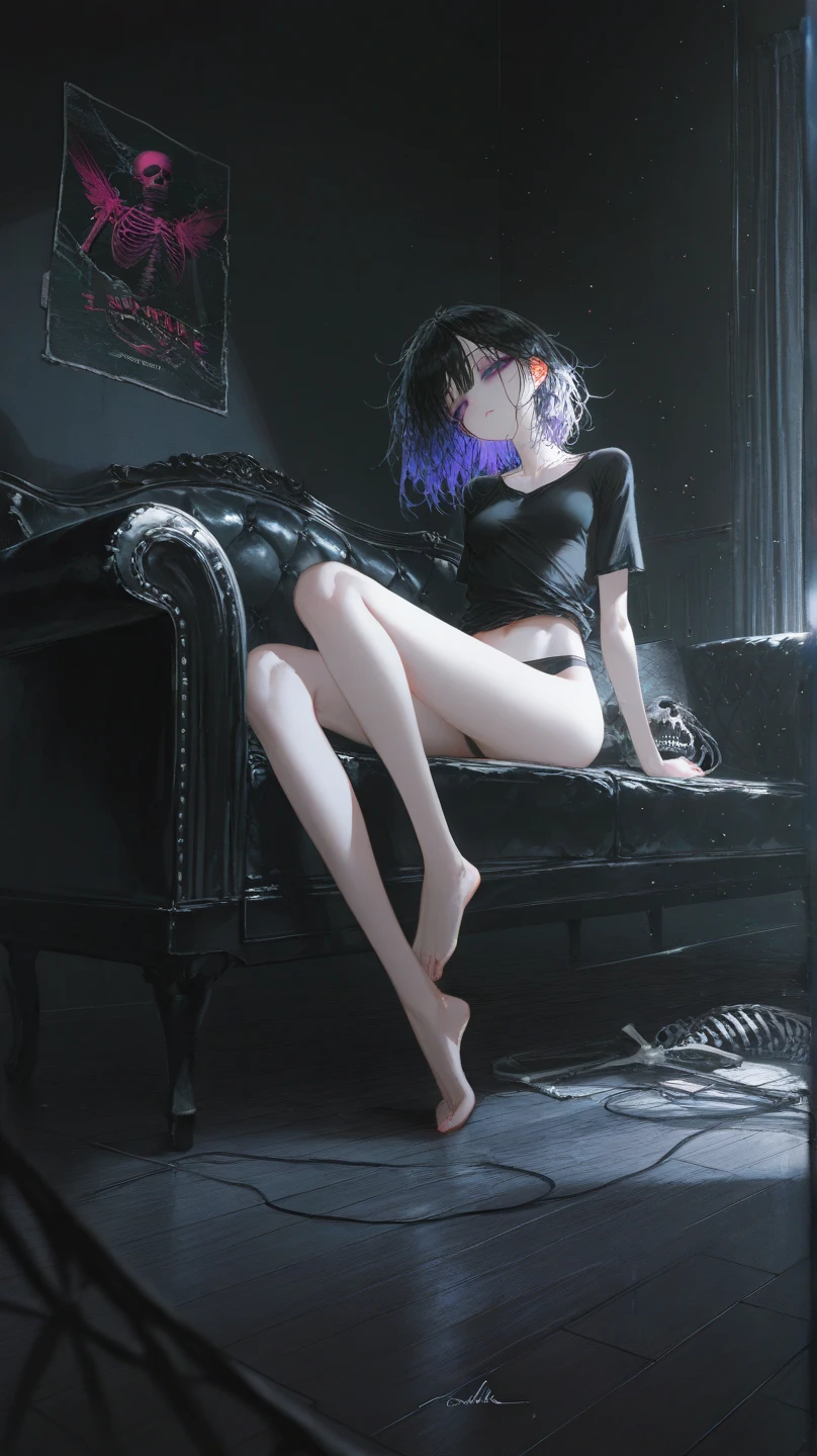 1girl, bangs, black_footwear, black_hair, black_jacket, black_legwear, blush, boots, bottle, breasts, can, chair, closed_mouth, coat, computer, cup, full_body, high_heel_boots, high_heels, indoors, jacket, long_sleeves, looking_at_viewer, mole, mole_under_eye, monitor, mug, office_lady, open_clothes, open_coat, open_jacket, pencil_skirt, purple_eyes, shirt, short_hair, sitting, skirt, solo, thighhighs, thighs, white_shirt, zettai_ryouiki <lora:style_LM7:1>
