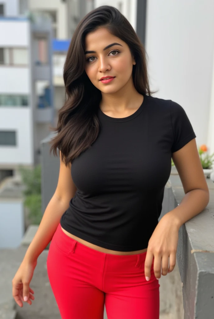 Araffe woman in red shirt and black pants posing for a photo., Very sexy woman with black hair, slim girl model photo, wearing simple, tight clothing, wearing a sexy crop top, woman with long black hair, wearing fitted shirt, long hair and red shirt, Model with attractive body, Sexy girl with dark complexion, thin waist and thick hips