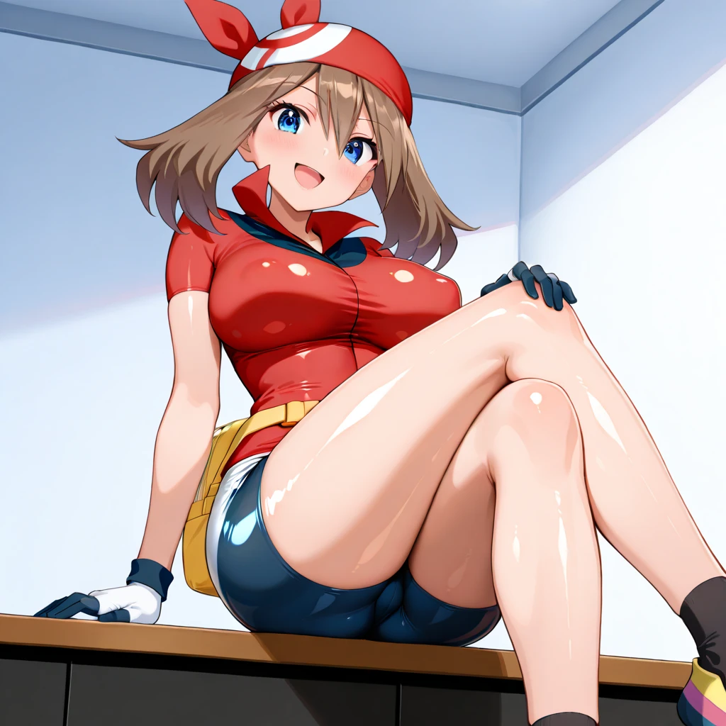 android, beautiful robot makes hard masturbation, she gets orgasms. Her short pigtails, brown hair, Hair tie with two big red clothespins, big smile, brown hair, middle age, joint seam, blue eyes, full body figure, Height: 160cm, She wears only Light beige micro mini pantie, fluttering skirt, skirt folds, white retro swimwear, Uplifting, 2020s anime style, 21thcentury japan animation, show White pantie, strong wind is blowing.
