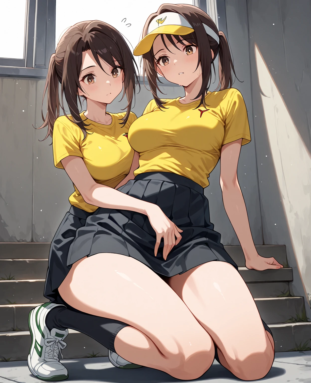 Highest quality, Ultra-high resolution, (Realistic: )2D official style cel animation,((２Girls sitting in a row))Primary school students、brown、ponytail、White Big Ribbon、Blue green check mini skirt,Summer Shirts,Unbutton、(Lace panties),loose socks,sneakers,Full body portrait,(From below),Station stairs,sunny,Spread your legs、from the front、blush、