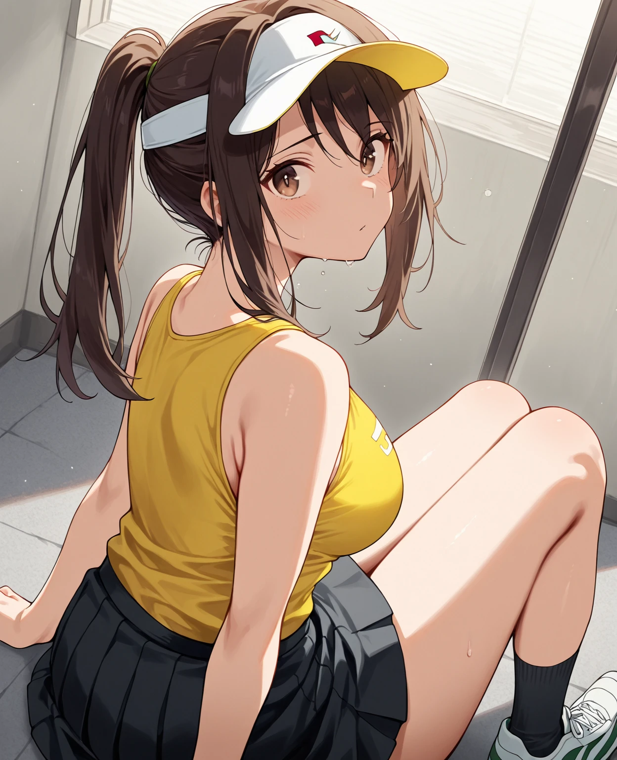 (pixel-perfect, detail-perfect), solo, 1girl, highly detailed, absirdres, masterpiece, illustration, game cg, hanamaru kunikida, blush, beautiful detailed eyes, amber eyes, cheerleader, midriff, (cleavage), glossy lips, lips parted, school yard, sitting, (knees bent:1.2)