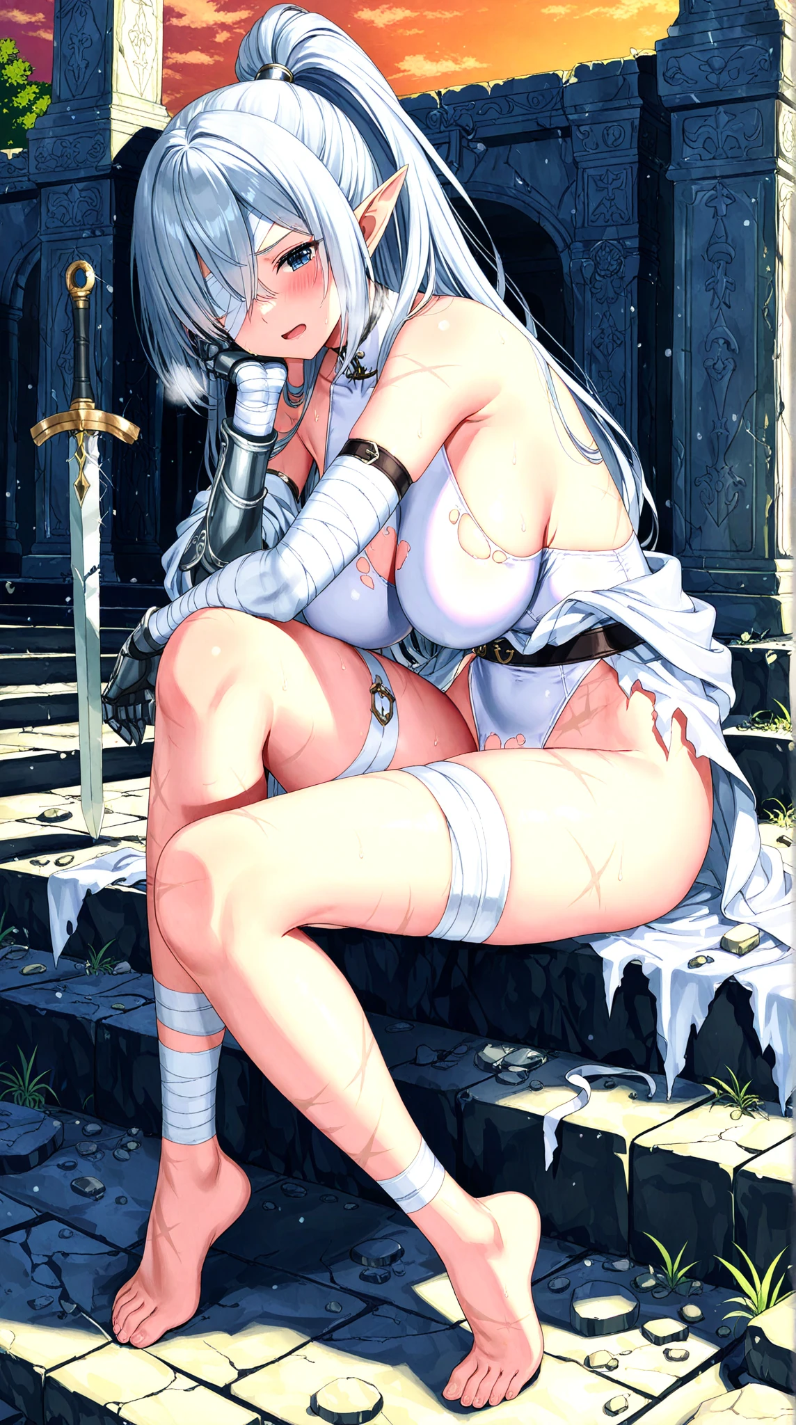 ((From before、True Face、Shot from a little below、Light up from below))、Beautiful and cute gal、(((Shortcuts、The background is a waterfall and an abandoned building covered in moss.、Angel Halo、The areola is showing through)))、highest quality、ウルトラ - High resolution、High resolution、Highly detailed CG、8k unit wallpaper、27 years old、(((A detailed and beautiful face、Detailed and beautiful eyes,Very large breasts、Platinum Blonde Hair、contrast)))、((((((( Brown Skin:2、Dark Skin:2 , Cleavage ,Moist eyes)))))))、(Black glossy body:1.8),((Sunburn mark))、((((((loose socks、Sweat、White cloth and white loincloth、Thin cloth、Fluttering in the wind、High heels、Knees wide open to the outside、touch hair、1 long sword))))))