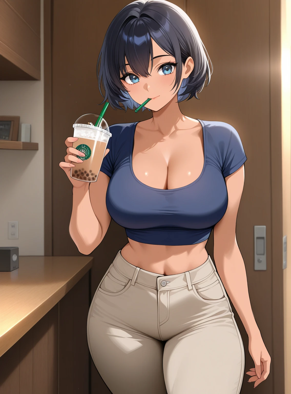 Solo, , Young white small girl with dark purple hair, perky_small_nose, detailed_lively_green_beautiful_eyes, full_juicy_lips, short_height, small_frame, cute_tiny_clothes, low_v_cut_top, tiny_shorts, sideboob, underboob, showing_cleavage, defined_thin_body, huge_breasts, coffee_shop, cute, detailed, hd, 4k, perfect_face, detailed_anatomy, perfect_body, full_body, perfect_light