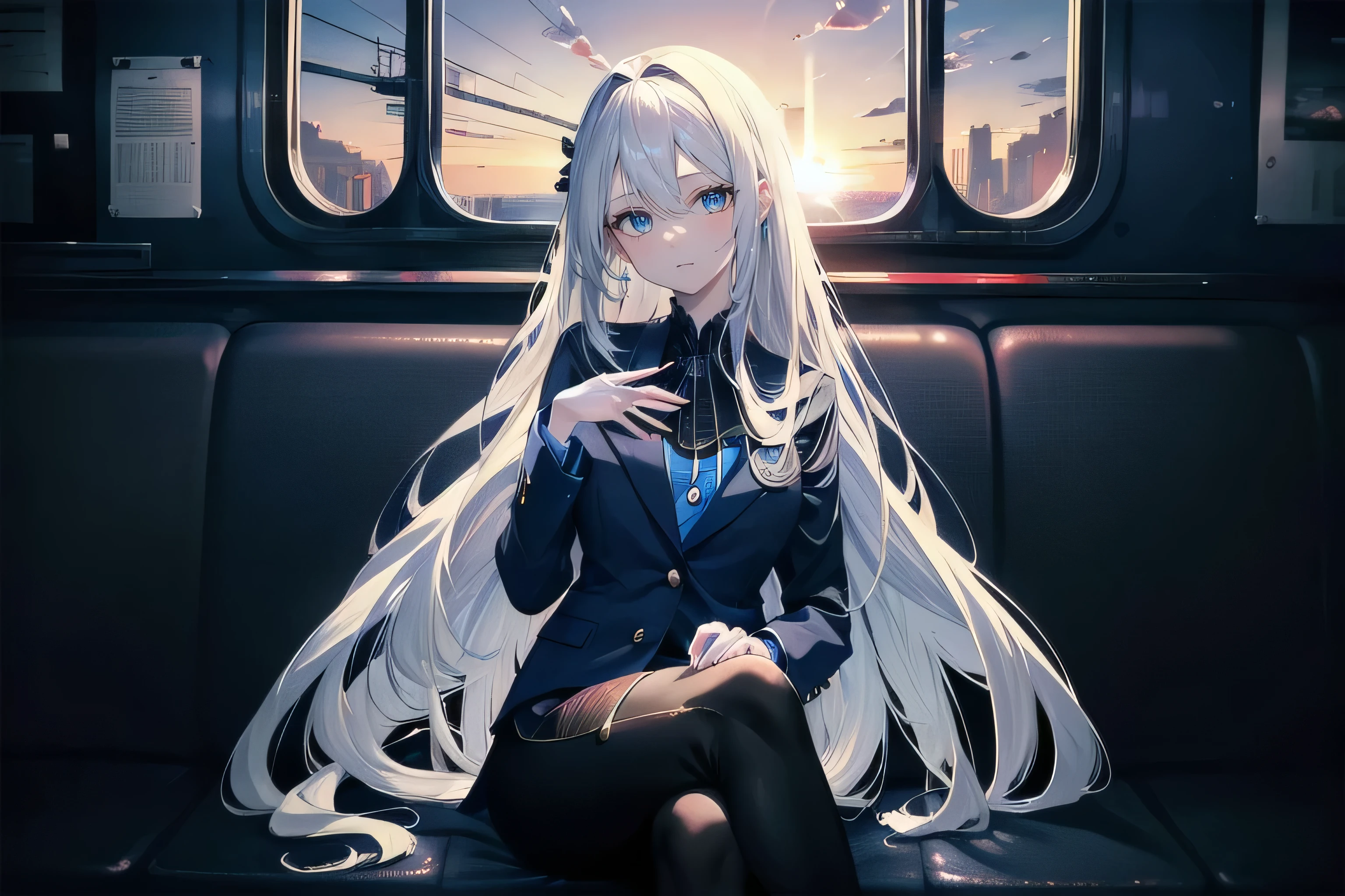 (masterpiece), (best quality), ultra detailed, finely detailed color, cenematic painting, sitting, subway car, anime lady, ((one lady)), 20-year-old lady, cute face, white hair, absurdly long hair, straight hair, ((deep blue eyes:1.5)),((business suit)), black suit, smiling, slender body, small chest, sunset, evening, vesper, twilight, dusk