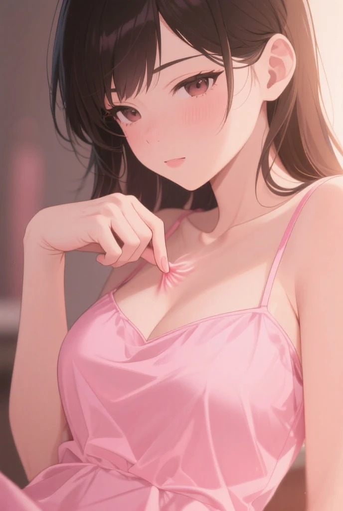 (8K、Highest image quality、highest quality、masterpiece)、detailed face、1 mature woman、brown hair、long hair、((closed eyes))、((open your mouth and laugh))、((big breasts))、((pink negligee))、cowboy shot、bed、pink neon、((dim room))
