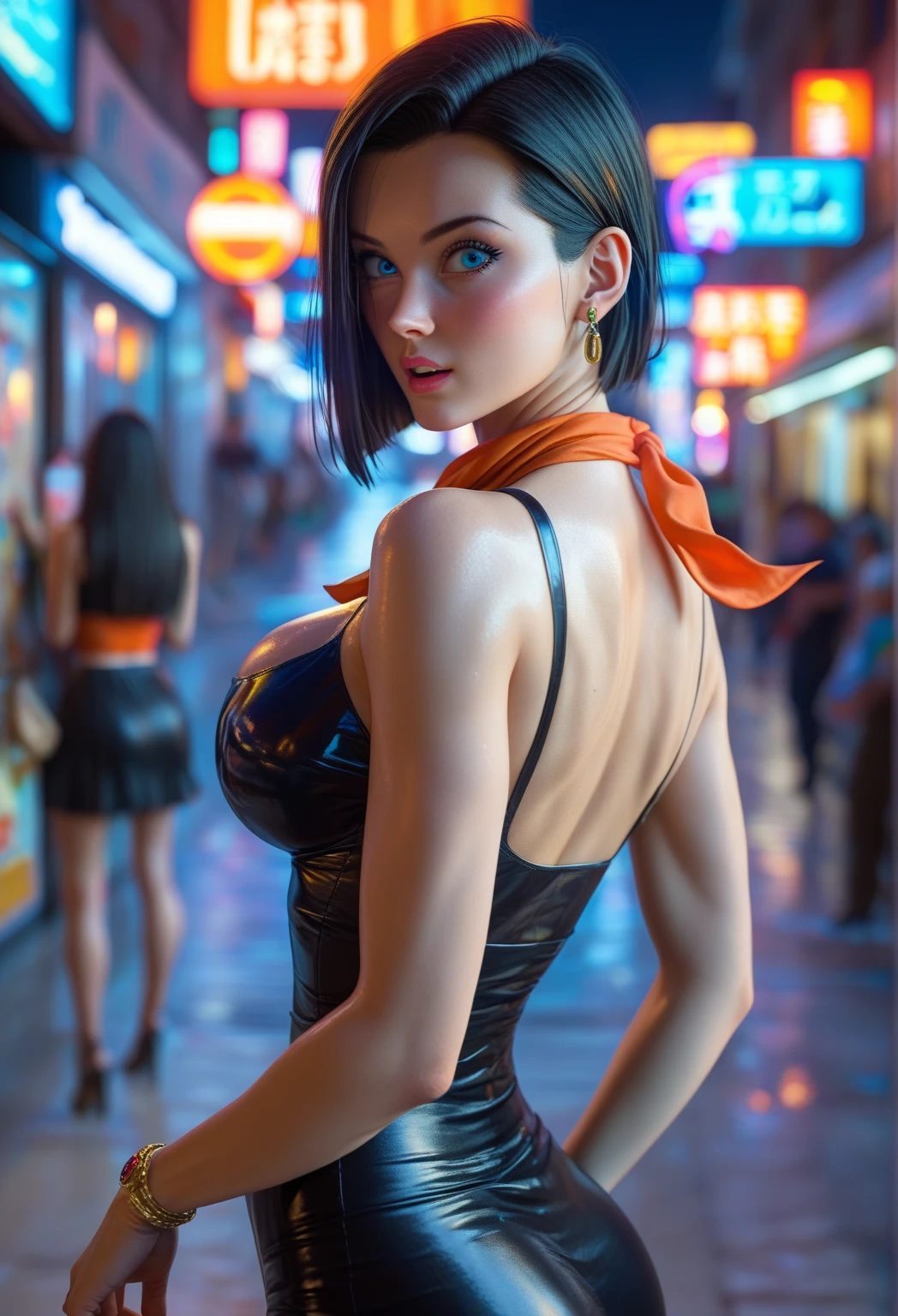 Goddess ((goddess-like woman)), slim elegant silhouette, masterpiece, (close angle), best quality, pale skin, fair skin, sweet face, (masterpiece:1,2, best quality), (real picture, intricate details), (1 lady , solo, medium tits, slim waistline, ), ((Jinx/LOL)), a woman short hair, darkblue hair, brown eyes, she has an impressive presence., short hair, bracelet, hoop earrings, jewelry, beautiful face, beautiful eyes, Side Pose, Side View, She is wearing a stunningly beautiful golden evening dress and high heels with straps. sweet irresistible smile, elegant pose, elegant hands, beautiful hands, perfect fingers, background: background: city, streets, park, Side View