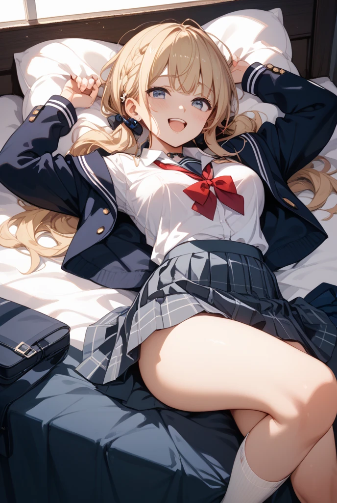 (8K), (highest quality: 1.2), (realistic), (realistic: 1.37), ultra high resolution, 1 girl, cute, smile, closed mouth, beautiful details, beautiful nose, wet hair, giant dulcefo, pork, thighs,Self snap,University Student Uniform,simple blazer,pleated skirt,Are standing,opaque tights,(8K), (highest quality: 1.2), (realistic), (realistic: 1.37), ultra high resolution, 1 girl, cute, smile, closed mouth, beautiful details, beautiful nose, wet hair, giant dulcefo, pork, thighs,Self snap,University Student Uniform,simple blazer,pleated skirt,opaque tights,bed,spread your legs ,skirt lift, From above