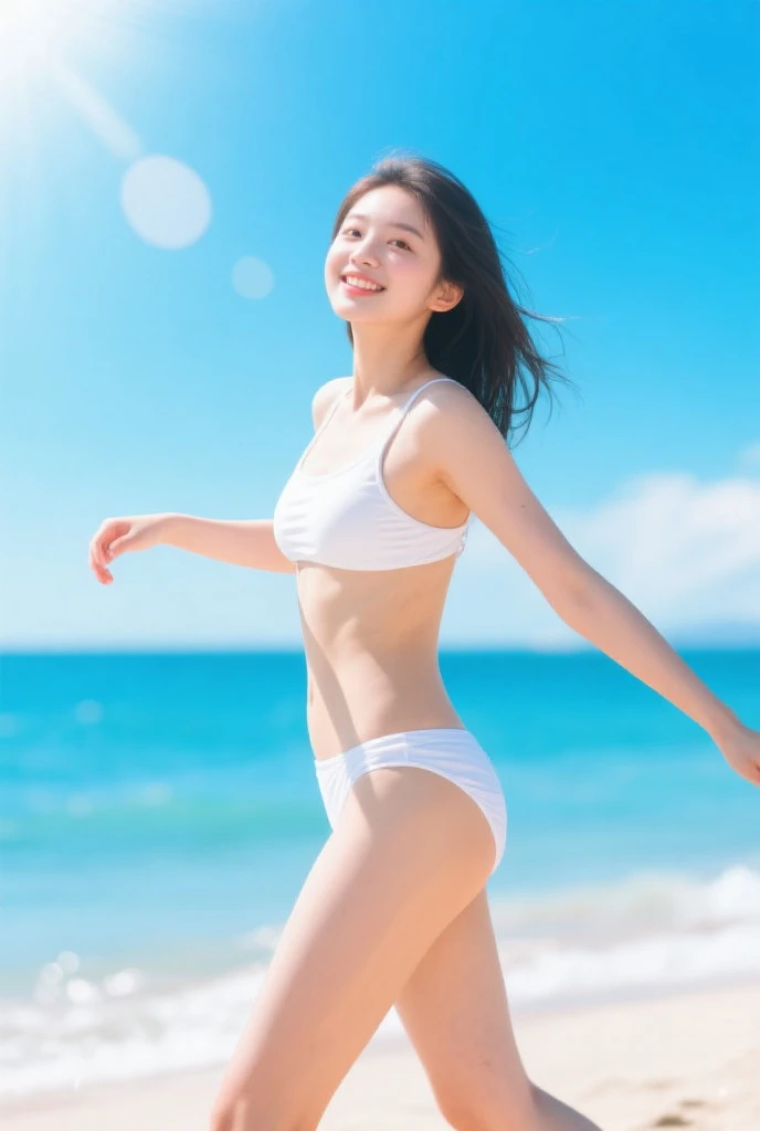 (masterpiece、high-level image quality、hightquality、8K picture quality).(A Japanese Lady、22year old、cute little、Beautiful skin)、(Perfect body、Beautiful limbs、Healthy body)、Let's go to the sea、let's play together、summer、A delightful、Sea of Japan、summer vacation、femele、Clear skies、swim wears、beach、dancing、a smile、