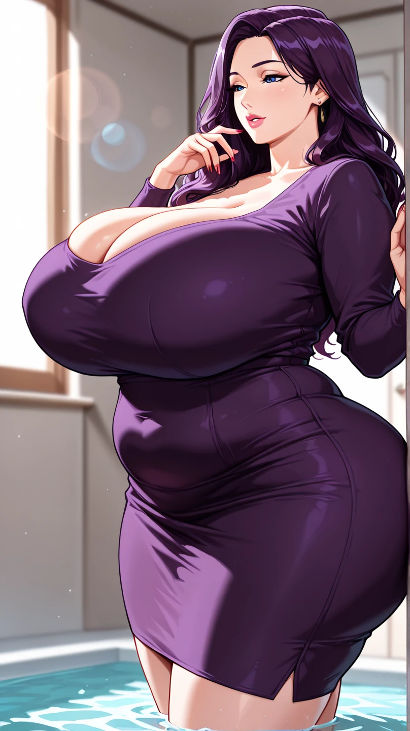 masterpiece, 16k, Japanese, 1 female ,60 years old ,(Round neck short sleeve maxi tight dress:1.2) ,(Big Breasts :1.4) ,Cleavage ,Chubby, Realistic, double eyelid, Textured skin, 1080p, Canon, 8k, Very detailed, Accurate, highest quality、Pregnant women、apron