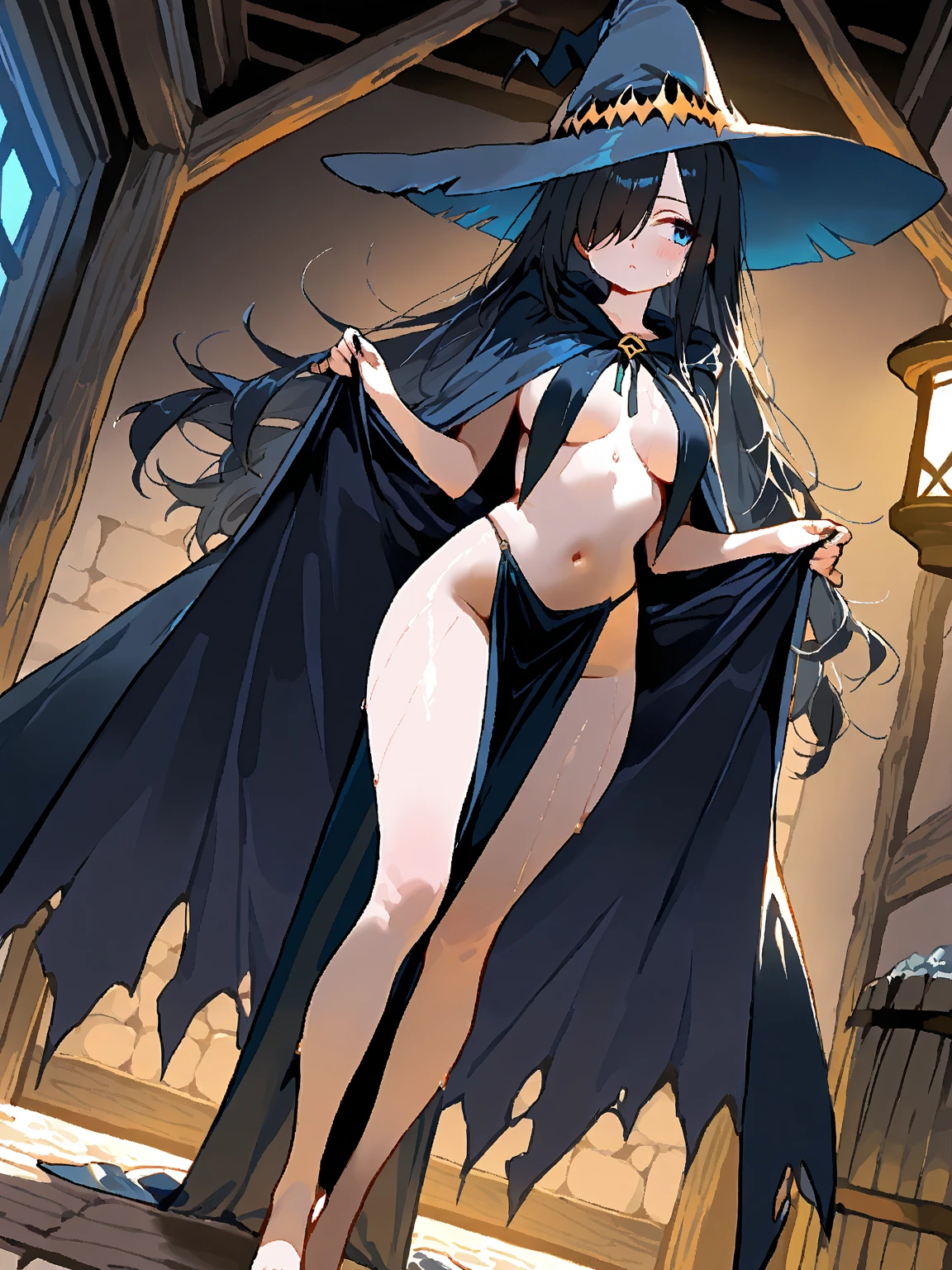 夕暮れの教室でグラビアポーズをしているnakedの女子高生、She has a short bob with a dark lob of hair and wears a large black witch hat with sapphire jewelry.、A few star creams、Beautiful starry sky、Beautiful night view、large and black witch's hat 、Small breasts、Small breasts、全naked、naked、Masturbation、Masturbation、I can see her breasts, navel, vagina, clitoris and labia majora.、一糸纏わぬnaked体、M-shaped legs、Spreading her pussy with her fingers、Open up、R18 Illustration、I can see her breasts, navel, vagina, clitoris and labia majora.