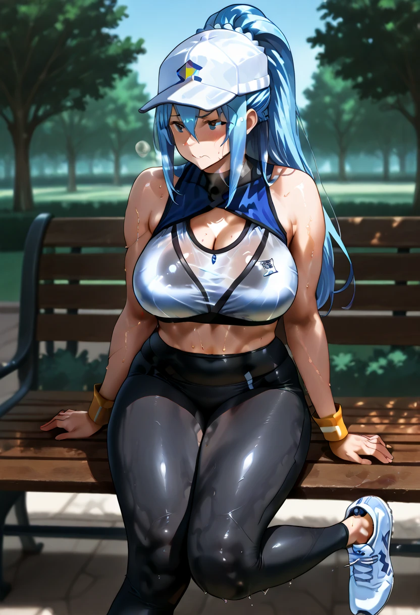 kobo kanaeru - hololive, 1girl, blue hair, blue eyes, white hair, multicolored hair, wave hair, blue eyes, thin lips, painted lips, smile face, wide hips, thick thighs, huge round ass, enormous natural breasts, shiny oily breasts, KoboBase, see-through jacket, midriff, white jacket, tight pants, sleeves past wrists, open jacket, full body, gym, squat pose, nsfw