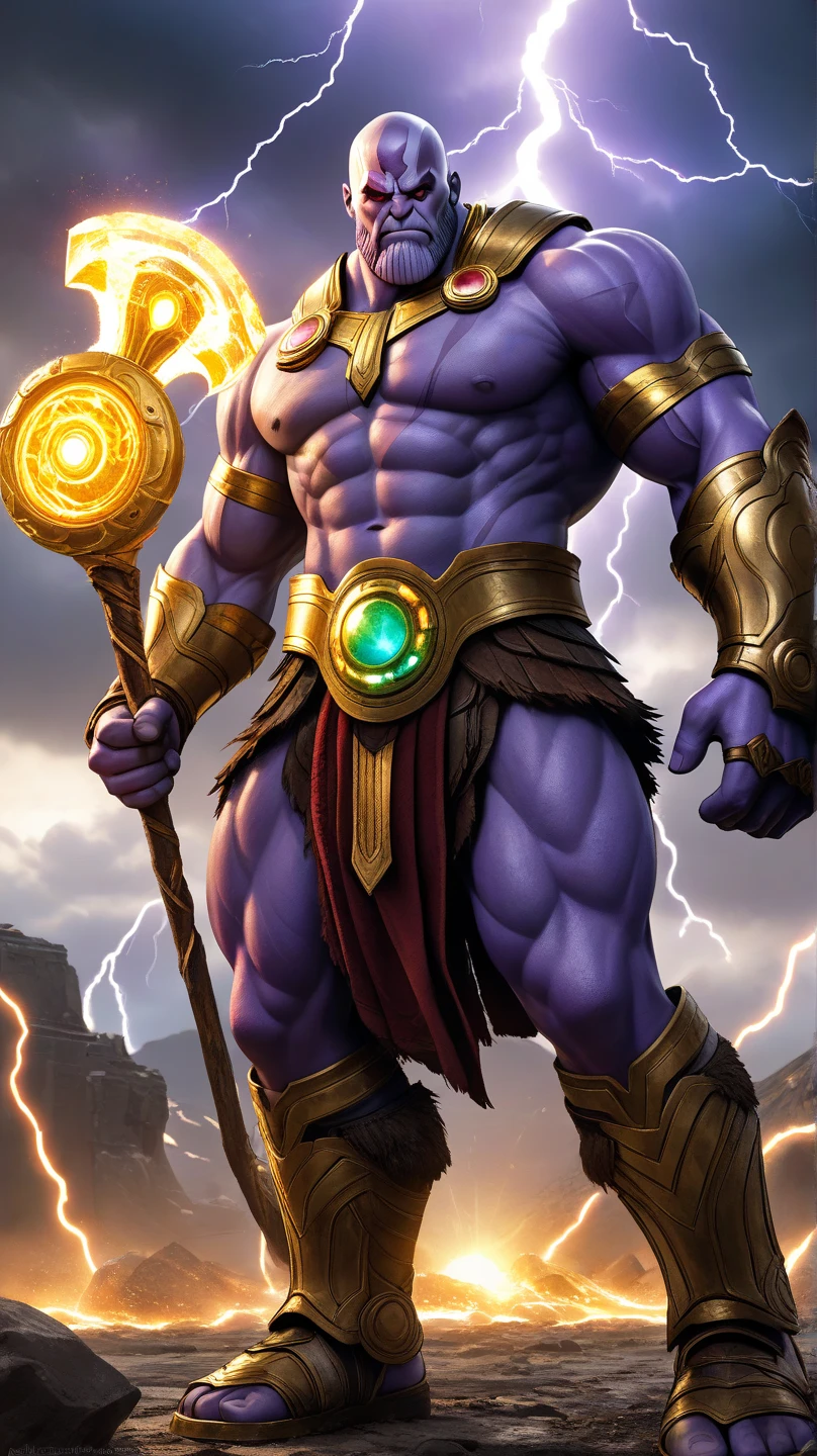 imagine a character with body formed (humando) his skin is (purple) he is inside a hurricane eye is coming out purple rays, his body has rays coming out of them, he flying over the sky, gives to see, his hand and the sea, and is agitated, he is looking, forward, face, bad, he looks like a mythical god,  He doesn't have much muscle he's thinner, and has a staff