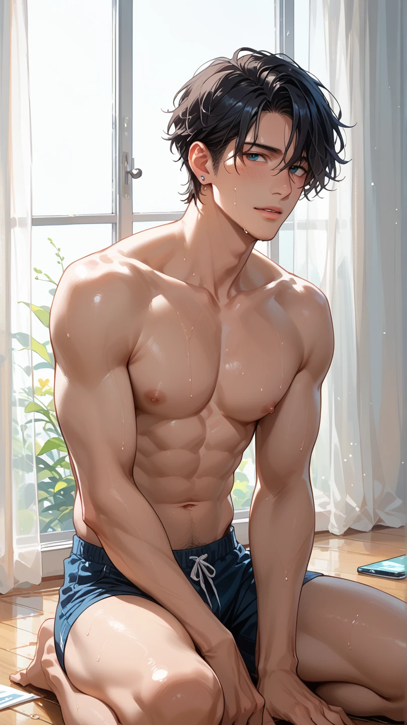 Brazilian, realistic, detailed, distant view, sexy, age boy, young, short straight black hair, black eyes, towel on hips, arrogant look, bathroom, bathroom, lying in bathroom, realistic eyes, detailed face, detailed hands, detailed legs, detailed fingers, detailed hair, detailed eyes, detailed skin, showing the, dynamic lighting, (photorealistic: 1.4), 8k uhd, (hyper realistic), (realistic photo), (masterpiece), (best quality)