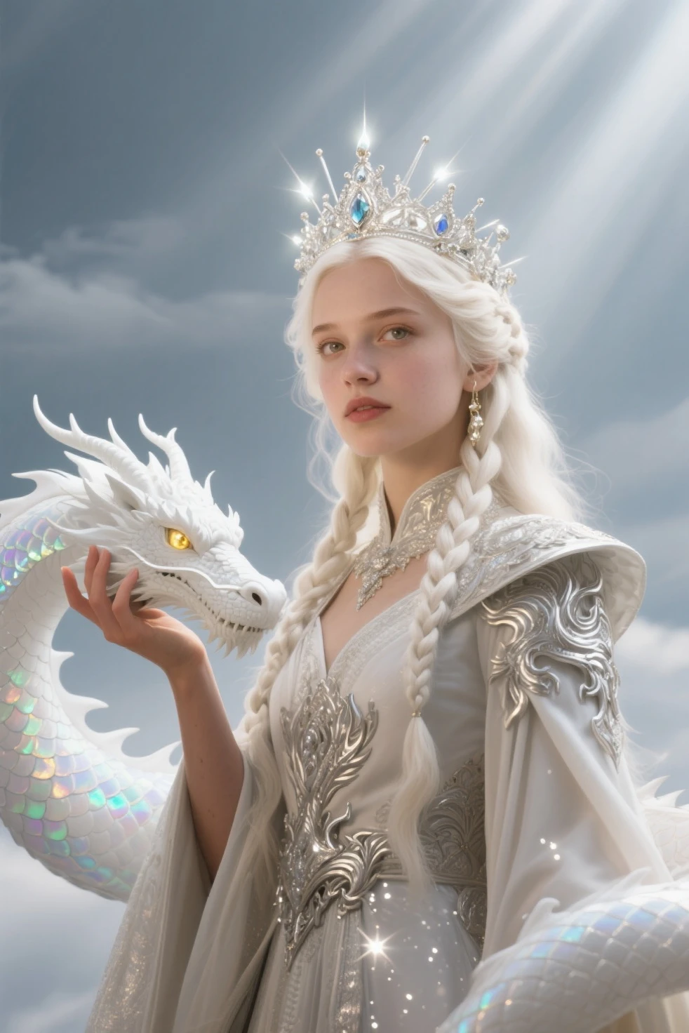 Queen of the White Dragon, mulher madura jovem, "Galadriel, EMÍLIACLARKE", elegant lilac Ruby dress, mama grande, Curvy, dragon ling vawy hair, Cabelos Super Longos, soft facial features, White dragon horns on his head, mulher majestosa, silver decoration on her lilac Ruby dress, Rainha Estrela Prateada, Grandes olhos violet, cherry lips, White dragons, starly sky