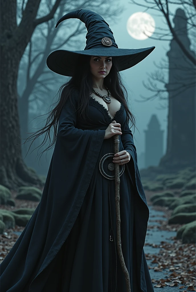 "A powerful witch with deep, rich, dark brown skin stands confidently. She is dressed in a classic witch's outfit: a long black robe with intricate, silver embroidery along the edges and a pointed hat that casts a shadow over her striking green eyes. Her hair is dark and flowing, contrasting beautifully with her green eyes, which glow with a mystical energy. She holds a wooden staff adorned with runes and wears a belt with various small pouches and charms. The background is a dark, enchanted forest, with a crescent moon visible through the trees, casting an eerie light over the scene