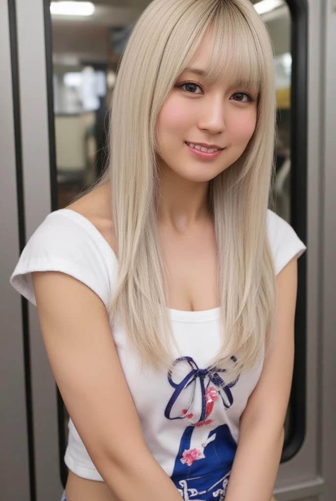 high quality,8K,high resolution,woman,1 personality,realistic texture,(fat5),(plump8),(Portrait),(smile),(Japanese),(curvy8),(glamorous3),(silver hair),(20-year-old),(Muchimuchi),,