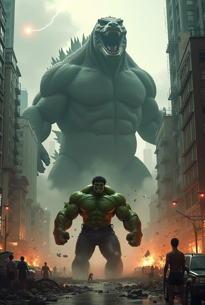 Biggest Hulk punches Godzilla, and Godzilla starts to fly through the air."