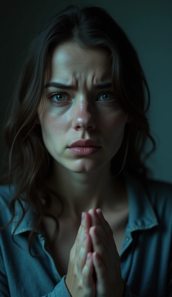 Close up of a young and scared woman sitting on a worn out living room couch staring in the dark, nightmare